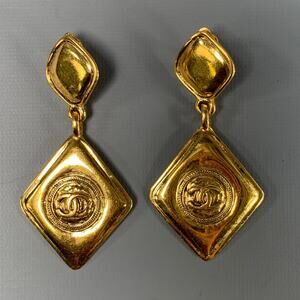 CHANEL Gold Tone Quilted Logo Clip-On Earrings